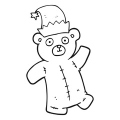 black and white cartoon teddy bear wearing christmas hat