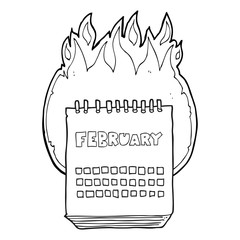 black and white cartoon calendar showing month of february