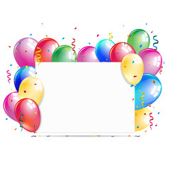 White paper banner with colorful balloons, ribbons and confetti. Vector illustration.
