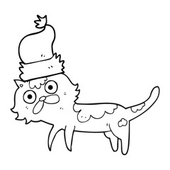 black and white cartoon cat wearing christmas hat