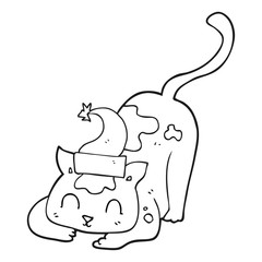 black and white cartoon cat wearing christmas hat