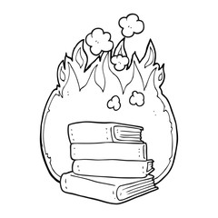 black and white cartoon stack of books burning