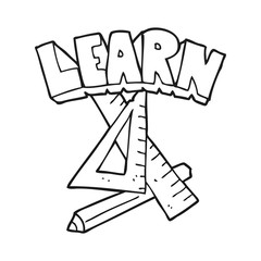 black and white cartoon pencil and ruler under Learn symbol