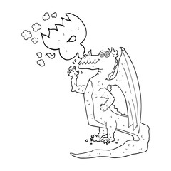 black and white cartoon happy dragon breathing fire