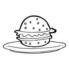 black and white cartoon burger on plate