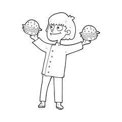 black and white cartoon chef with burgers