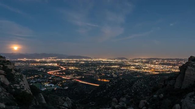 Moonrise over the San Fernando Valley in the city of Los Angeles.
