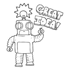 black and white cartoon robot with great idea