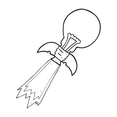black and white cartoon lightbulb rocket ship