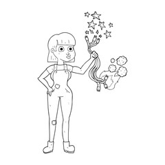 black and white cartoon female electrician
