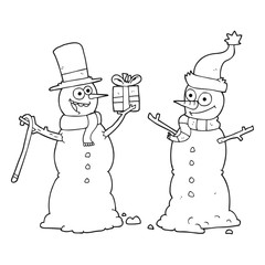 black and white cartoon snowmen exchanging gifts