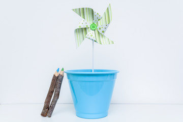 Pinwheel toy, five sided, blue and green