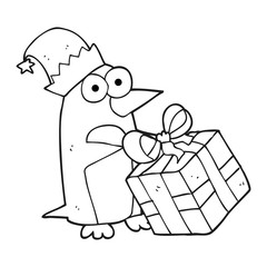 black and white cartoon christmas penguin