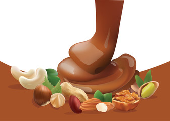 Vector Realistic Liquid Melted Pouring Chocolate and Different Nuts. Isolated on White and Brown Background Template
