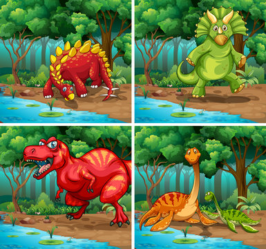 Four scenes of dinosaurs in the park