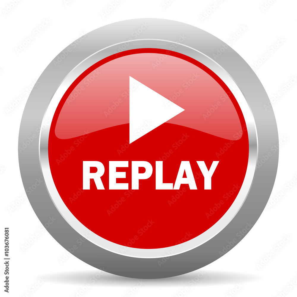 Poster replay red metallic chrome web circle glossy icon