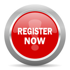 register now red metallic chrome web circle glossy icon