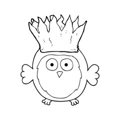 black and white cartoon owl wearing paper crown christmas hat