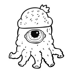 black and white cartoon alien wearing hat