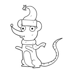 black and white cartoon mouse wearing christmas hat