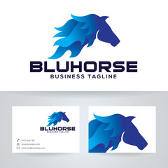 Blue horse vector logo with business card template
