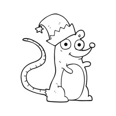 black and white cartoon mouse wearing christmas hat