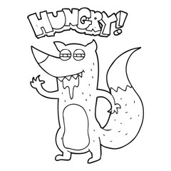 black and white cartoon hungry wolf