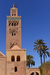 Fototapeta na wymiar Marrakech, Morocco, Africa. Koutoubia Mosque the city centre most prominent minaret where Islamic prayers are called from at sunrise/sunset and Ramadan.