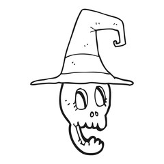 black and white cartoon skull wearing witch hat
