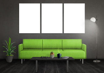 Isolated wall art canvas. Sofa, lamp, plant, glasses, book, coffee on table in room interior. 