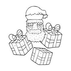 black and white cartoon tired santa claus face with presents
