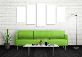 Isolated wall art canvas. Sofa, lamp, plant, glasses, book, coffee on table in room interior. 
