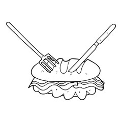 black and white cartoon knife and fork cutting huge sandwich