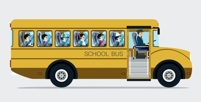 School bus with children on a gray background.
