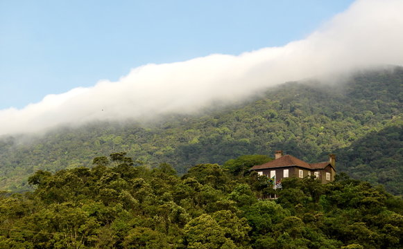 Casa, floresta e nuvem