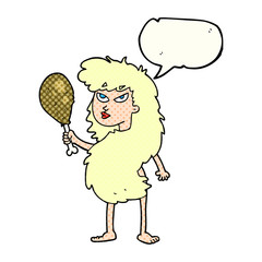 comic book speech bubble cartoon cavewoman with meat