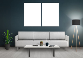 Isolated wall art canvas. Sofa, lamp, plant, glasses, book, coffee on table in room interior. 