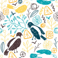 Seamless floral pattern with birds