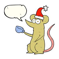 comic book speech bubble cartoon mouse wearing christmas hat