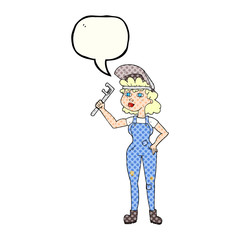 comic book speech bubble cartoon capable woman with wrench