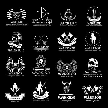Warriors Icons Set-Isolated On Black Background-Vector Illustration, Graphic Design.For Web, Websites, Print, Presentation And Promotional Materials.Collection Of Sparta,Greek,Military,Weapon Symbols
