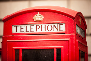 Closeup traditional red telephone box in UK