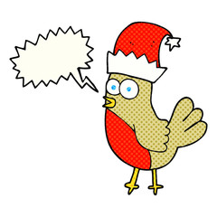 comic book speech bubble cartoon robin in christmas hat
