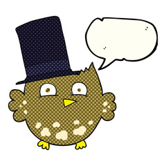 comic book speech bubble cartoon little owl with top hat