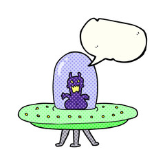 comic book speech bubble cartoon alien in flying saucer