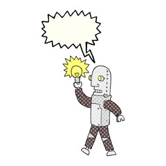 Obraz premium comic book speech bubble cartoon robot with light bulb