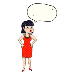 comic book speech bubble cartoon woman in dress with hands on hi
