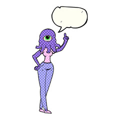 comic book speech bubble cartoon female alien with raised hand