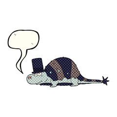 comic book speech bubble cartoon dinosaur in top hat