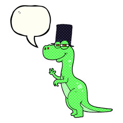 comic book speech bubble cartoon dinosaur wearing top hat